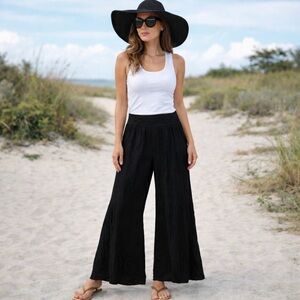 ANGIE BLACK WIDE LEG BOHO PANTS LARGE FLOWY RAYON ELASTIC WAIST RESORT TRAVEL